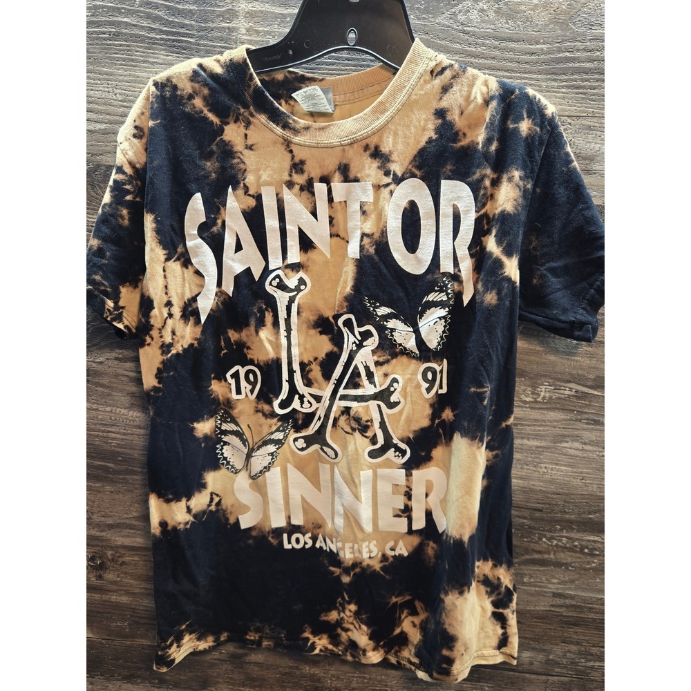 Saint or Sinner Los Angeles Bleached Tie Dye Graphic T-Shirt‎ Black Tan Mens M